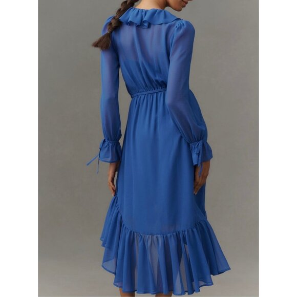 Anthropologie Long-Sleeve Ruffled Asymmetric Midi Dress Size S Blue - Picture 2 of 6